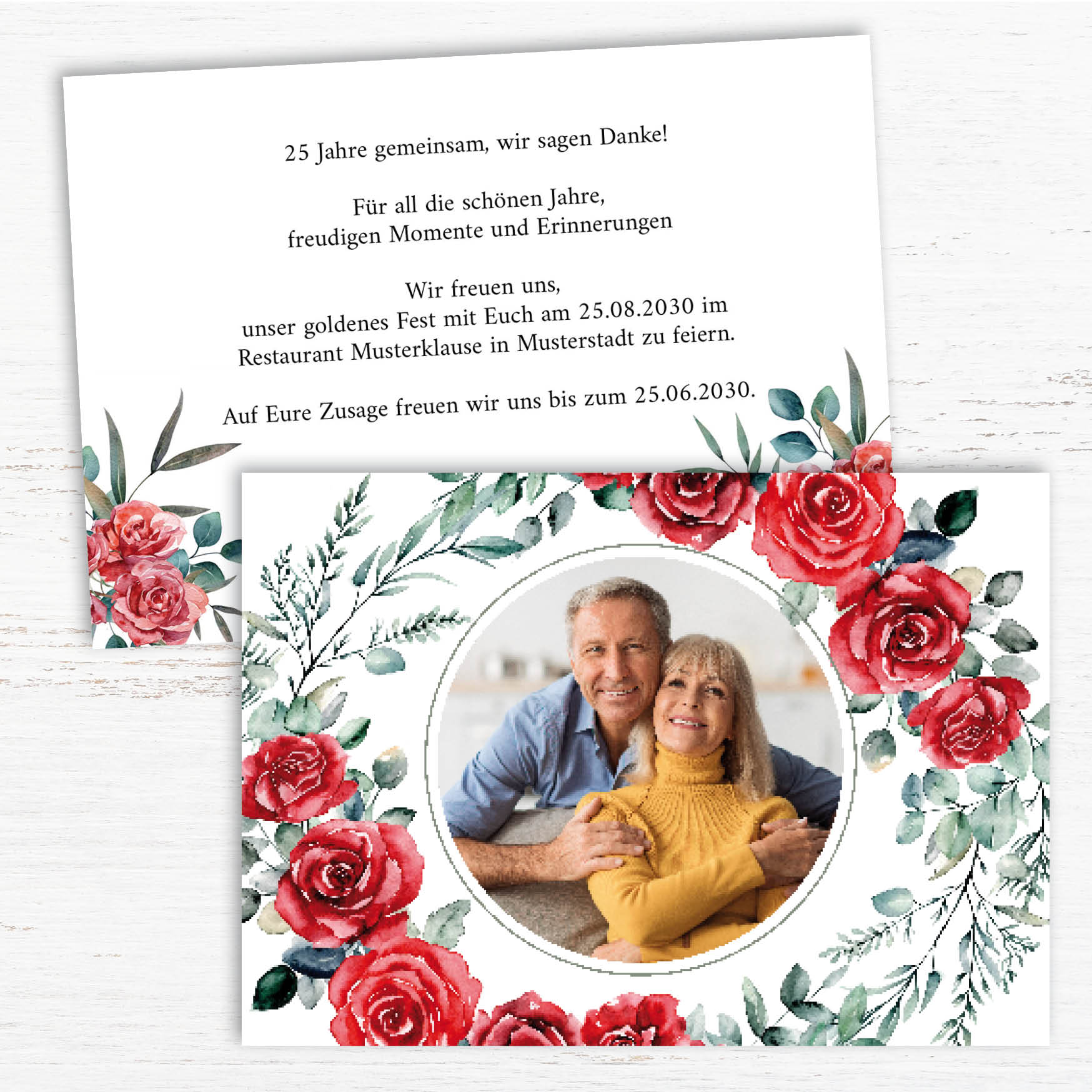 Einladung zur Silbernen Hochzeit: Romantische Rosen mit Foto